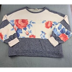 Haptics Colorblock Floral Sweatshirt Cream Blue Womens 1X Pullover‎